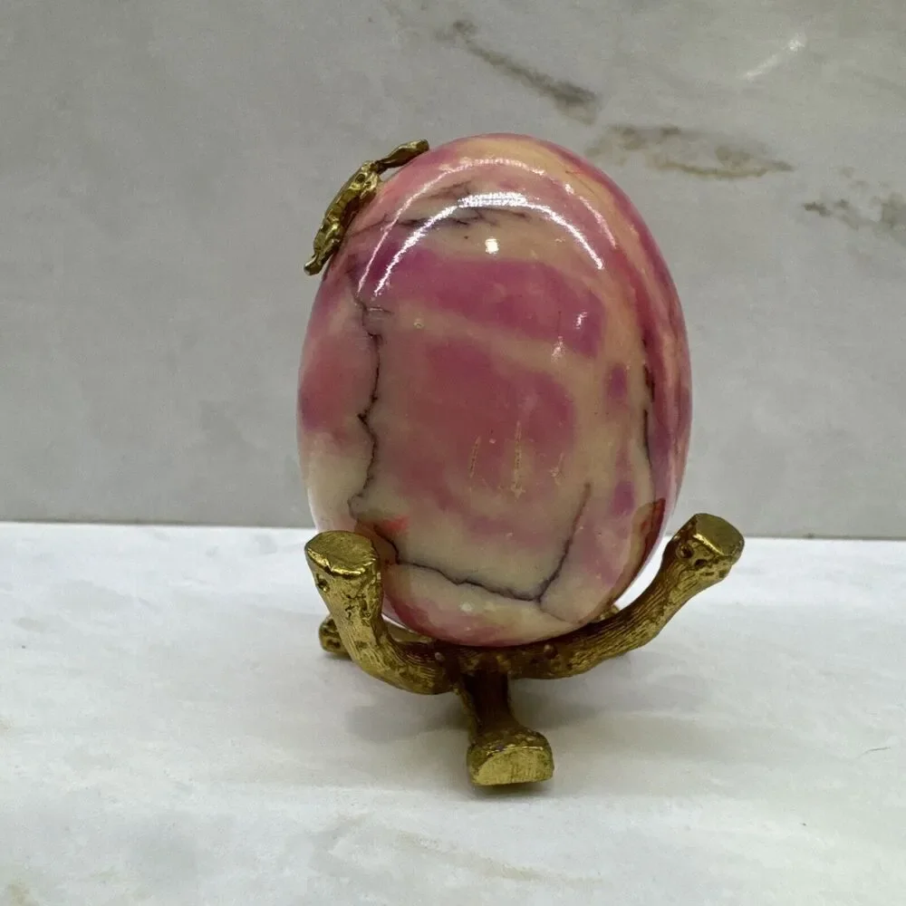 Vintage Polished Natural Stone Egg Pink Hue & Brown Yello Veins w/ Stand Turtle